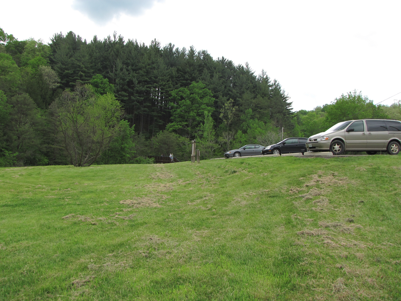 Hike through the grass by the parking lot to the bridge